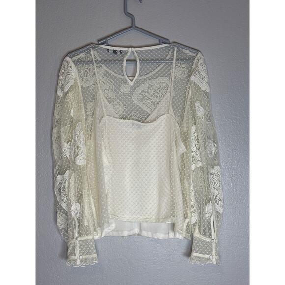 Express Lace Long Sleeve Blouse Top Womens XL Boho Bohemian Cottage Beige White - Picture 6 of 13